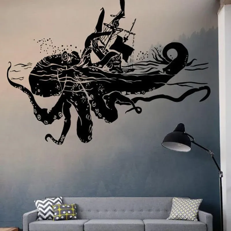 Adesivos adesivo de vinil polvo, decalque de arte do mar kraken, decalques de vinil personalizados de desenhos animados, decoração de quarto de berçário a745