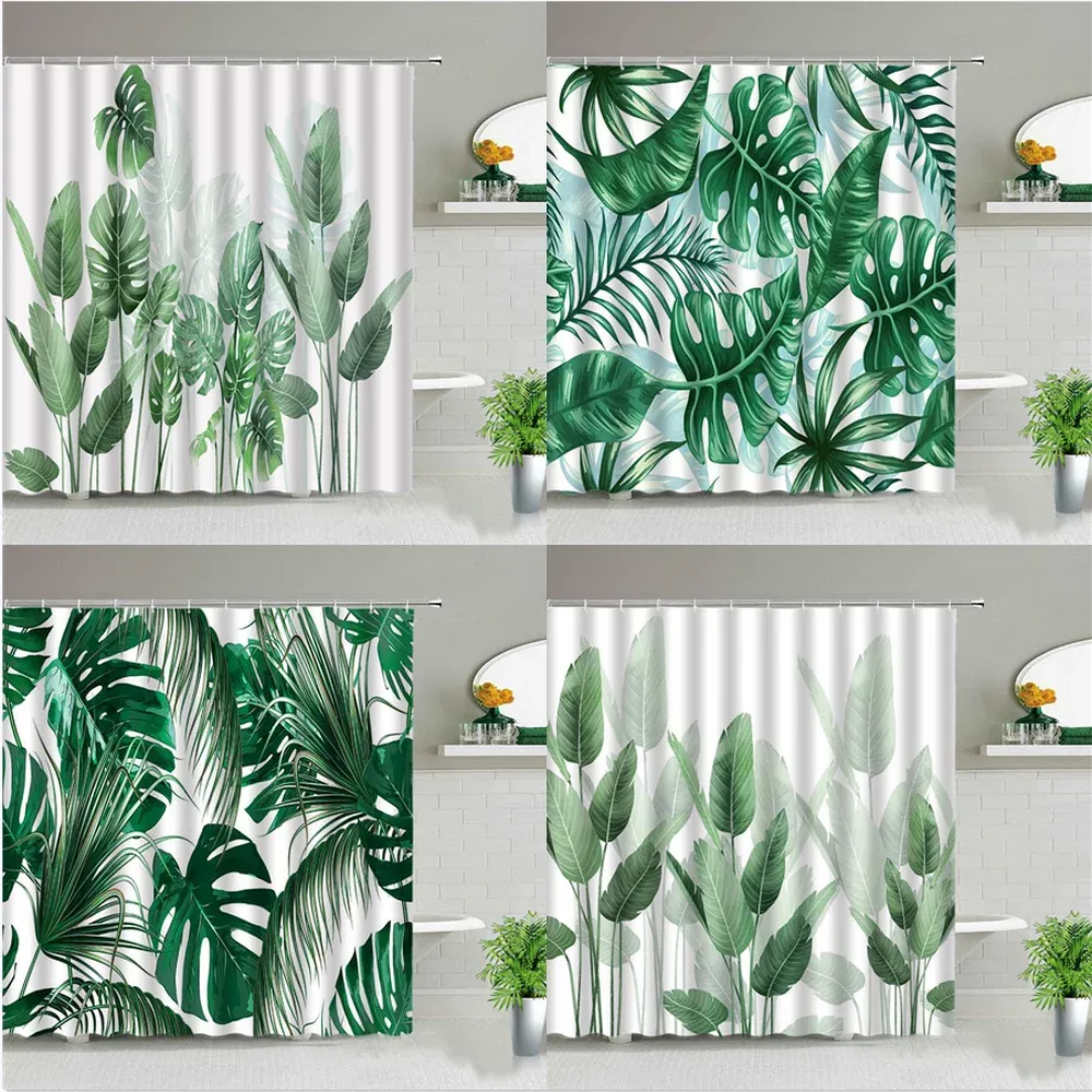 Curtains Green Leaves Shower Curtains Monstera Leaf Tropical Plant Spring Bathroom Curtain Bathtub Decor Set Waterproof Fabric With Hooks