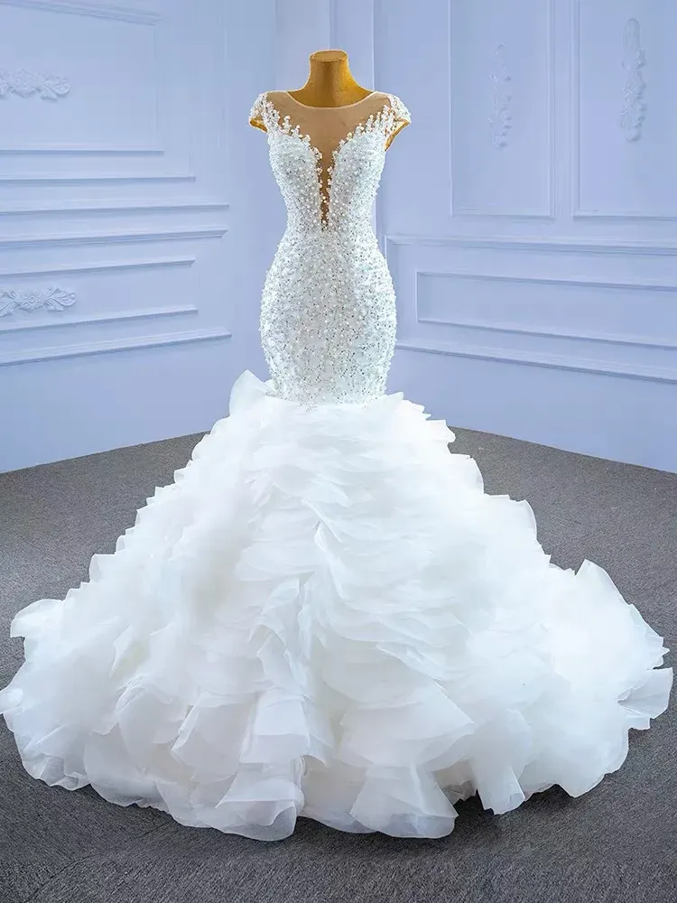 Suknie syreny afrykańskie ślubne suknie ślubne z koralikami haftowa cekinowa koronkowe sukienki śr płynąc pociąg organza ślubna suknia ślubna