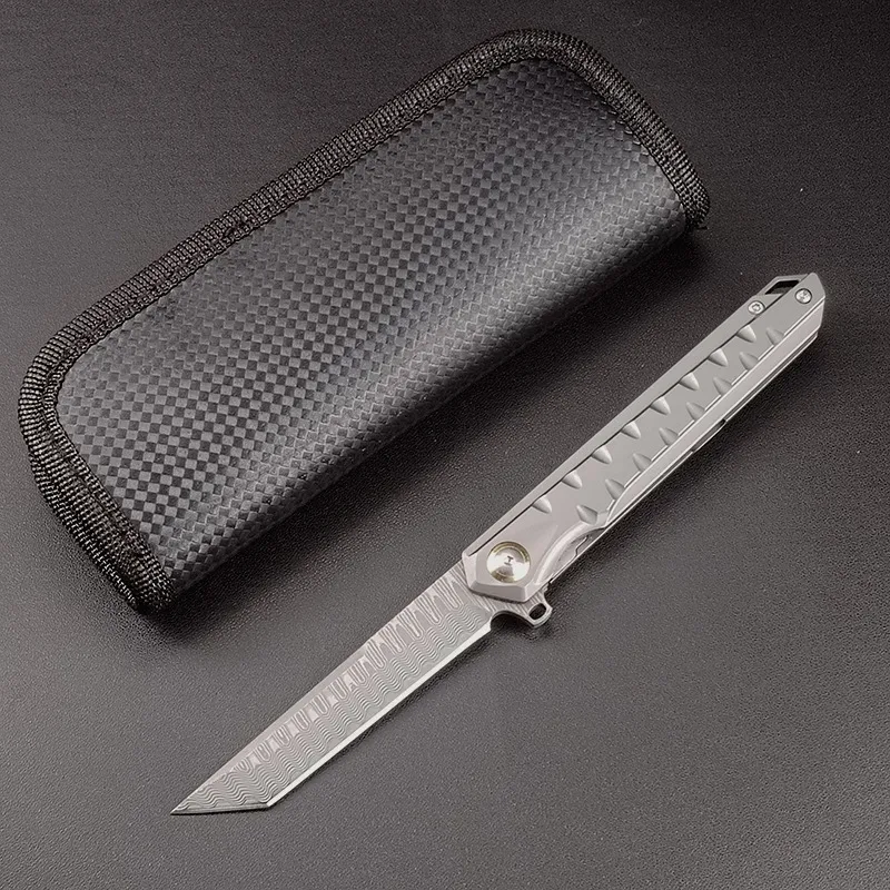 Hoge kwaliteit A5024 High-end flippermes Damascus staal Tanto Point Blade CNC TC4 titanium legering handvat kogellager Outdoor Camping EDC zakmessen