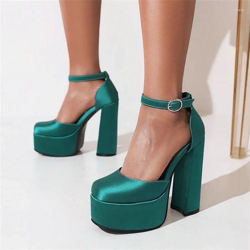 Square Dress Toe 559 Shoes Super High Heel Satin Mary Jane Chunky Platform Pumps for Women Fashion Catwalk Sandals 35-41 98659 83943 92205