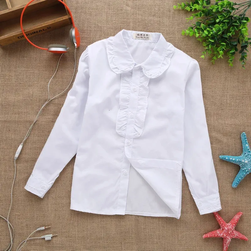 Été printemps filles dentelle coton solide blanc bébé enfants Blouse chemises blanches à manches longues pour enfants 240307