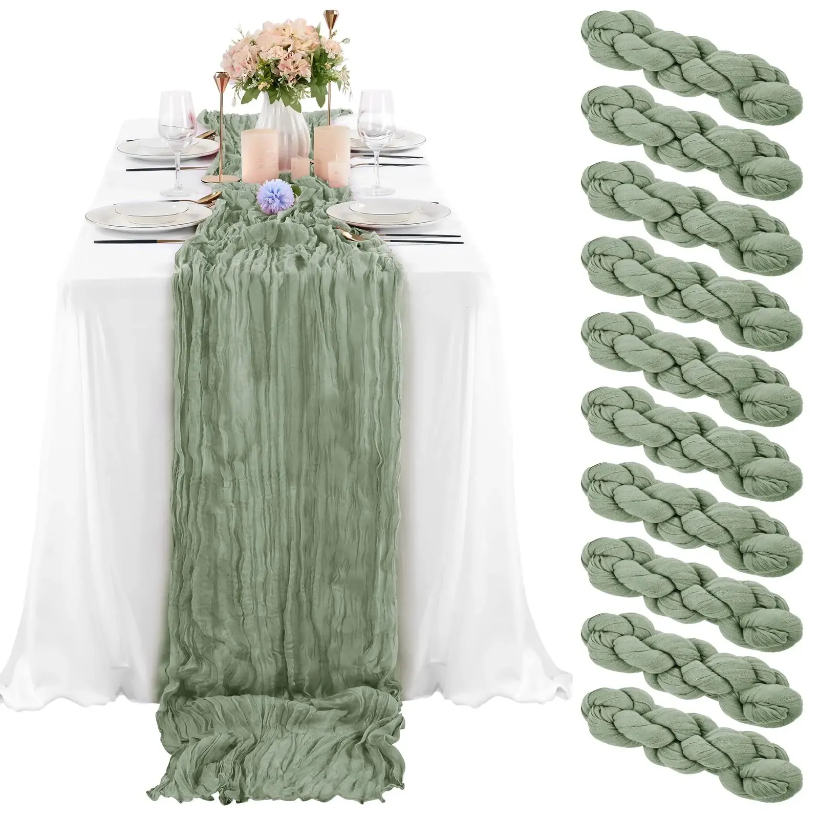10 pezzi di garza Boho runner da tavolo 90x300 cm garza verde salvia decorazione di nozze per addio al nubilato festa 240307