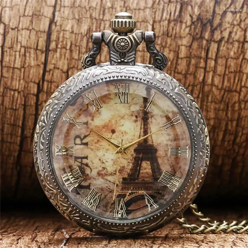 Pocket Watches Old Fashion Eiffel Tower Dial Transaparent Cover Watch Necklace Chain Quartz Clock For Men Women Roman Number Display