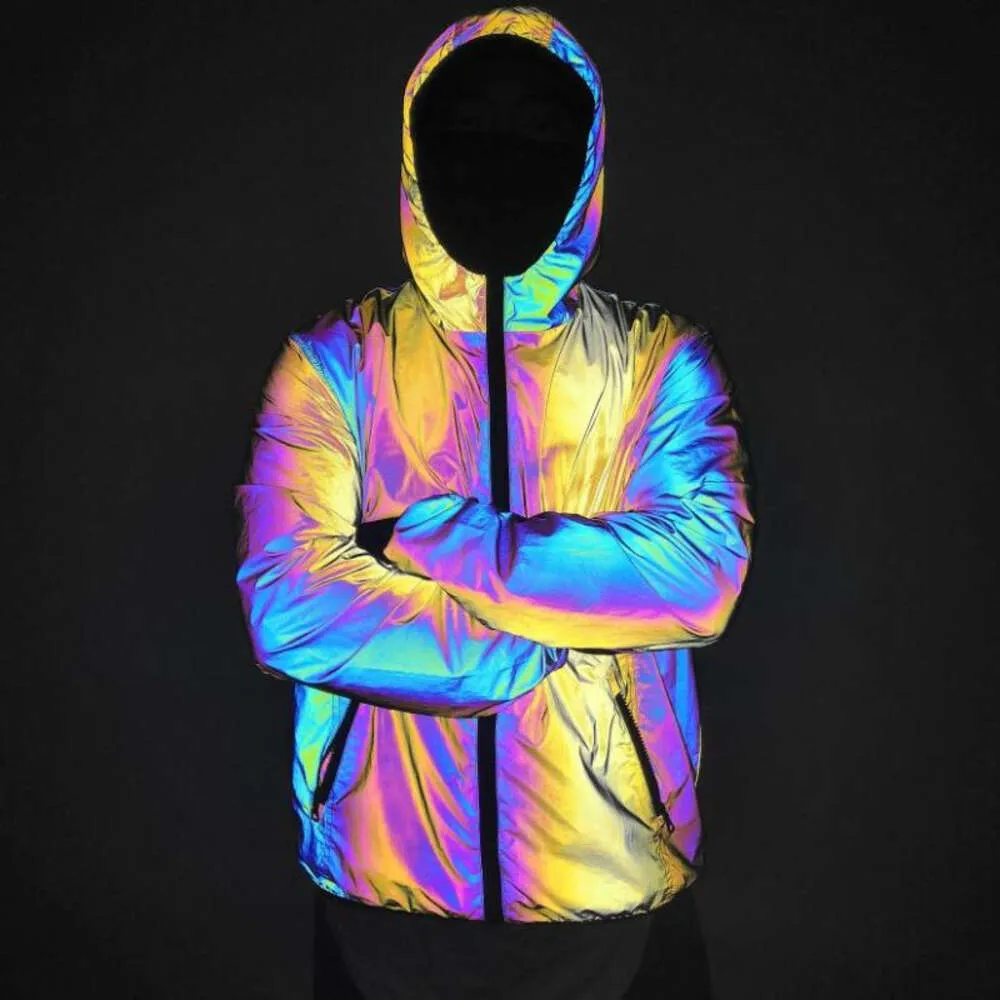 Färgglad huva reflekterande jacka män/kvinnor märke män jackor och rockar natt fluorescen vindbrytare chaquetas hombre xxxl