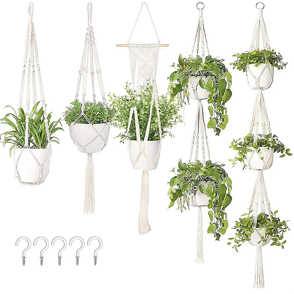 Korgar 5pack Green Plant Hanging Basket Hanger Woven Macromay Flower Holder Hangers Boho Cotton Rope For Home Garden Courtyard