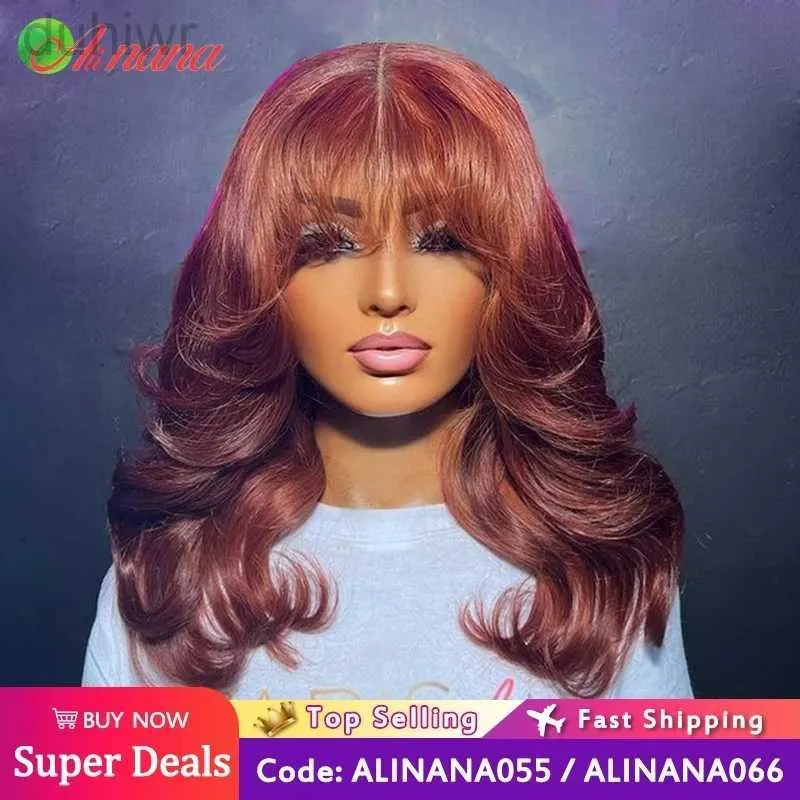 Синтетические парики Красновато-коричневый цвет Объемная волна с челкой 13x6 Кружевной фронтальный парик Remy Hair Wig для женщин 4x6 Бесклеевая одежда Go Wig ldd240313