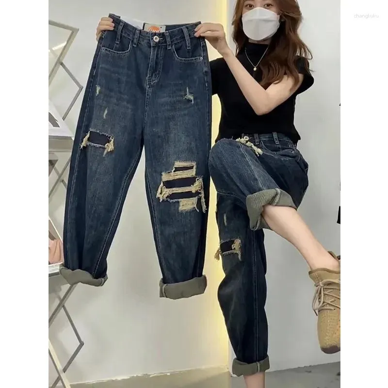 Damenjeans Hong Kong Winds Frauen Frühling Große Größe Lose Anliegende Loch Denim Hosen Weibliche Koreanische Dünne Hohe Taille Harlan Hose