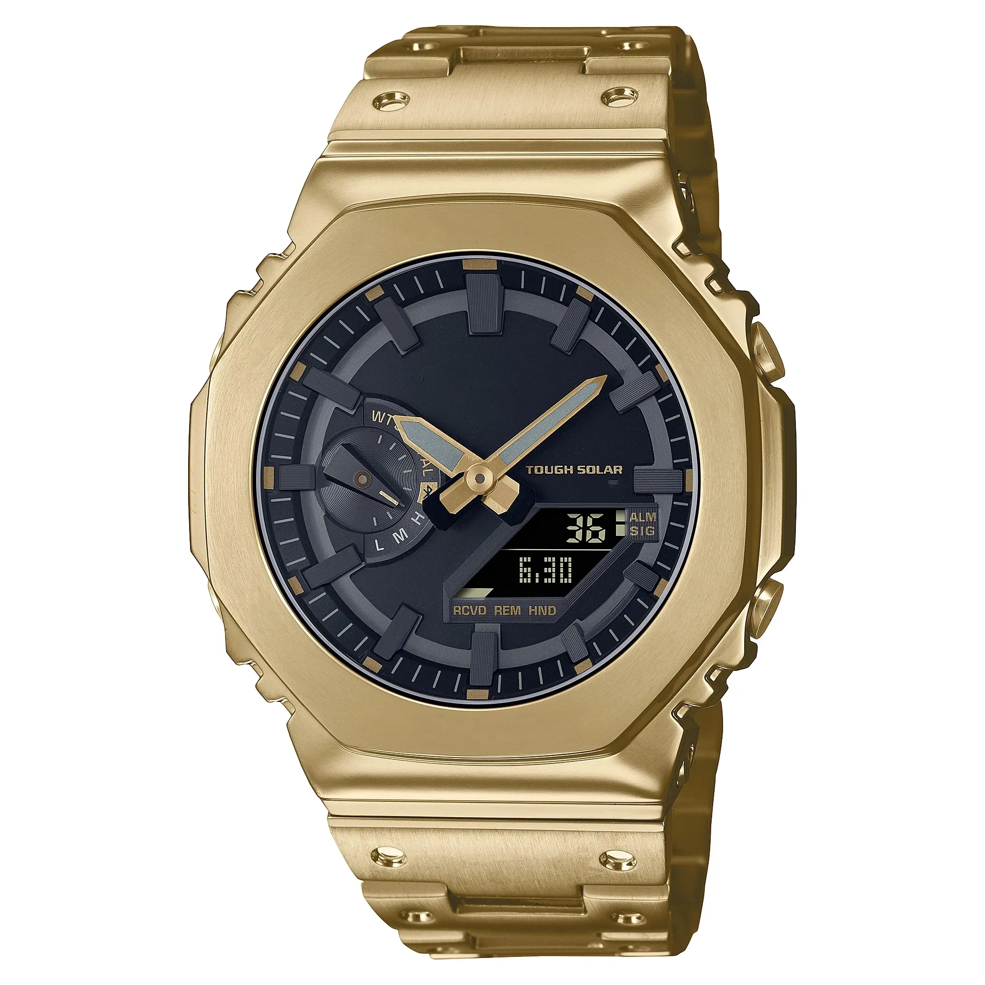 Orologio sportivo da uomo in oro digitale al quarzo 2100 Ora mondiale Funzione completa Impermeabile LED con sollevamento automatico della mano Luce GM Oak Series