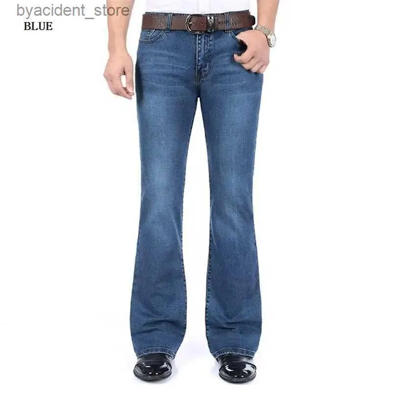 Mäns jeans gratis frakt Mens Högkvalitativa affärer Casual Boot Cut Jeans Mid midja Flares Semi-blared Bell Bottom Pants Storlek 27-38 L240313