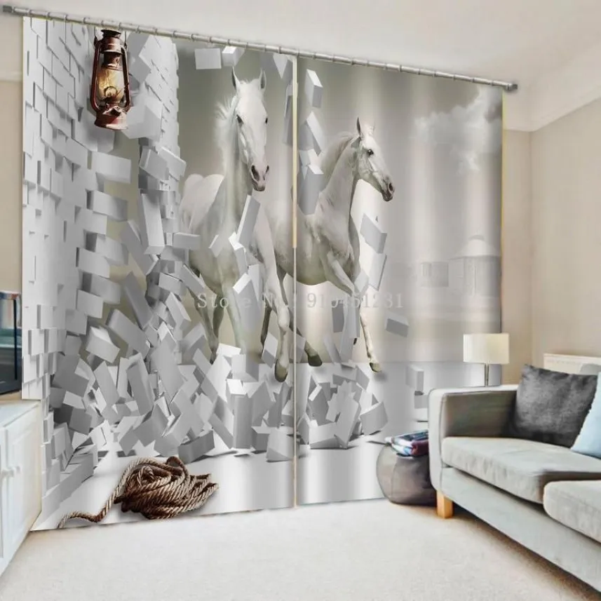 Rideaux rideaux 3D Po taille personnalisée mur brique blanc cheval rideaux Polyester microfibre tissu pour chambre salon Decor296B