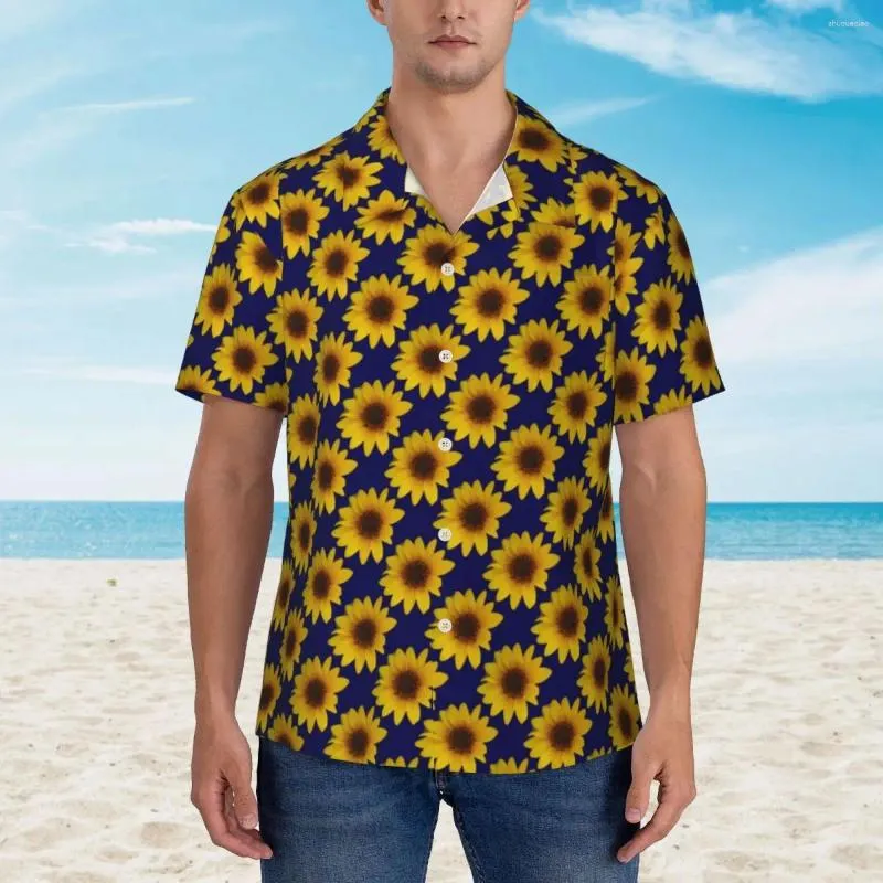 Camisas casuais masculinas alegre girassol camisa havaiana homem praia brilhante flor amarela manga curta respirável elegante blusas de grandes dimensões