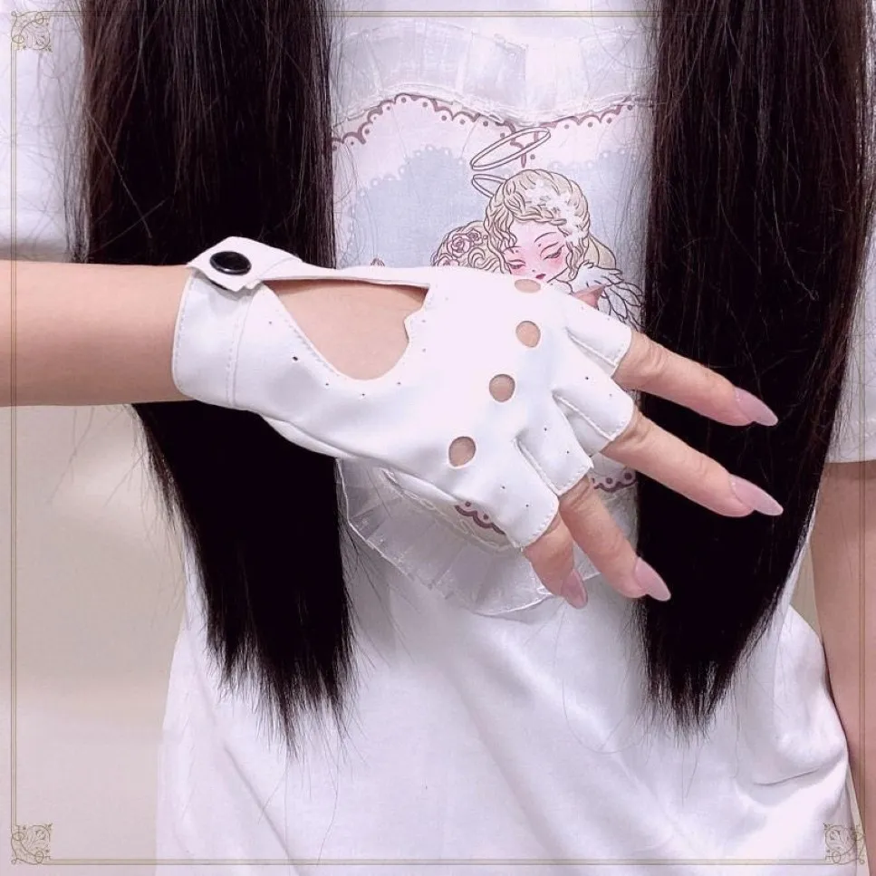 Five Fingers Gloves Fingerless Anime PU Leather Kawaii Heart Black White Pink Fashion Streetwear Women Punk Goth Lolita T436218R