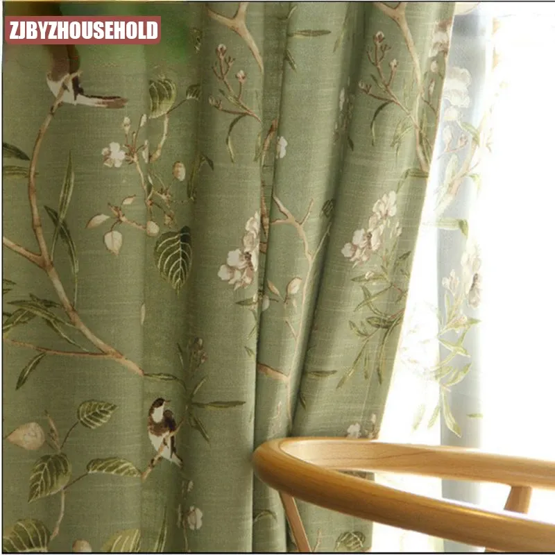 Cortinas do país americano para sala de estar quarto algodão linho verde janela pássaros ramo impresso janela blackout cortinas francesas
