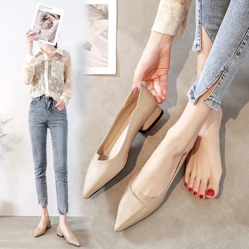 Casual Shoes Thick Heels Pleated Grain Women Patchwork Slip On Loafers Solid Pointed Toe Flats 2-ways Wearing Shallow Office 2024