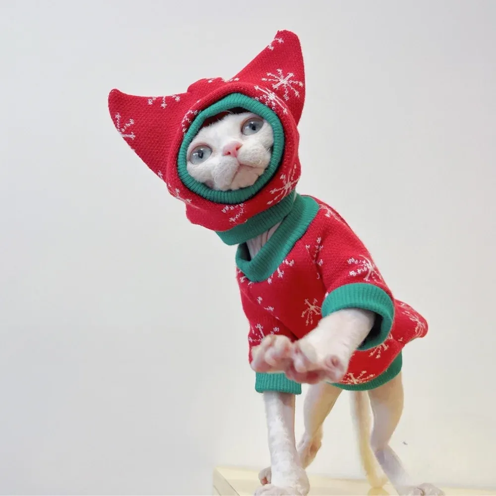 Giyim Sfinx Kedi İçin Yeni Noel Kar Takım Kıyafetleri Tüysiz Kedi Kış Ceketi için Sıcak Kazak Devon Rex Pet Ürün için