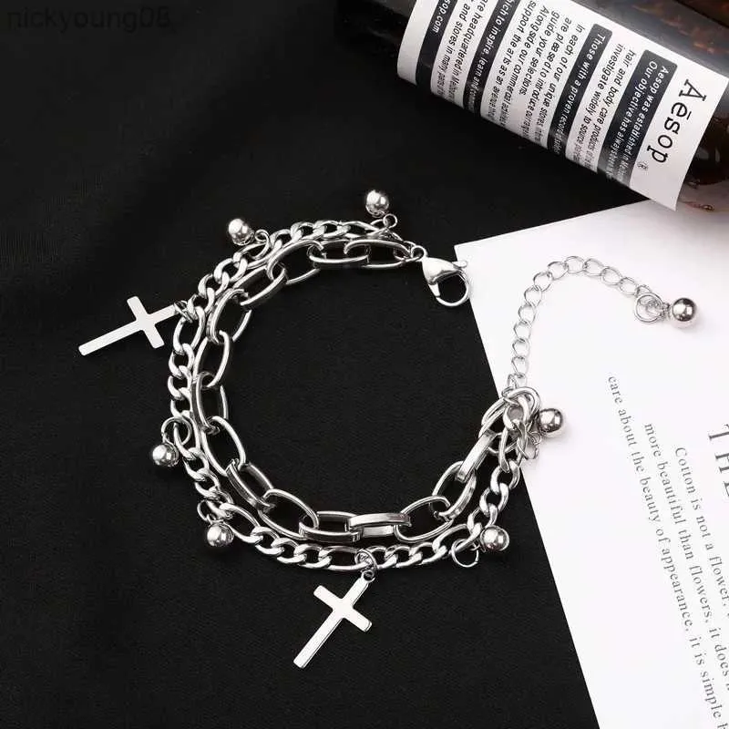 Bangle Gothic Hip Hop Metal Cross Pendant Charm Bracelet for Women Female Beads 2 Layering Linked Chain Bracelets Cool Jewelry GiftL2403