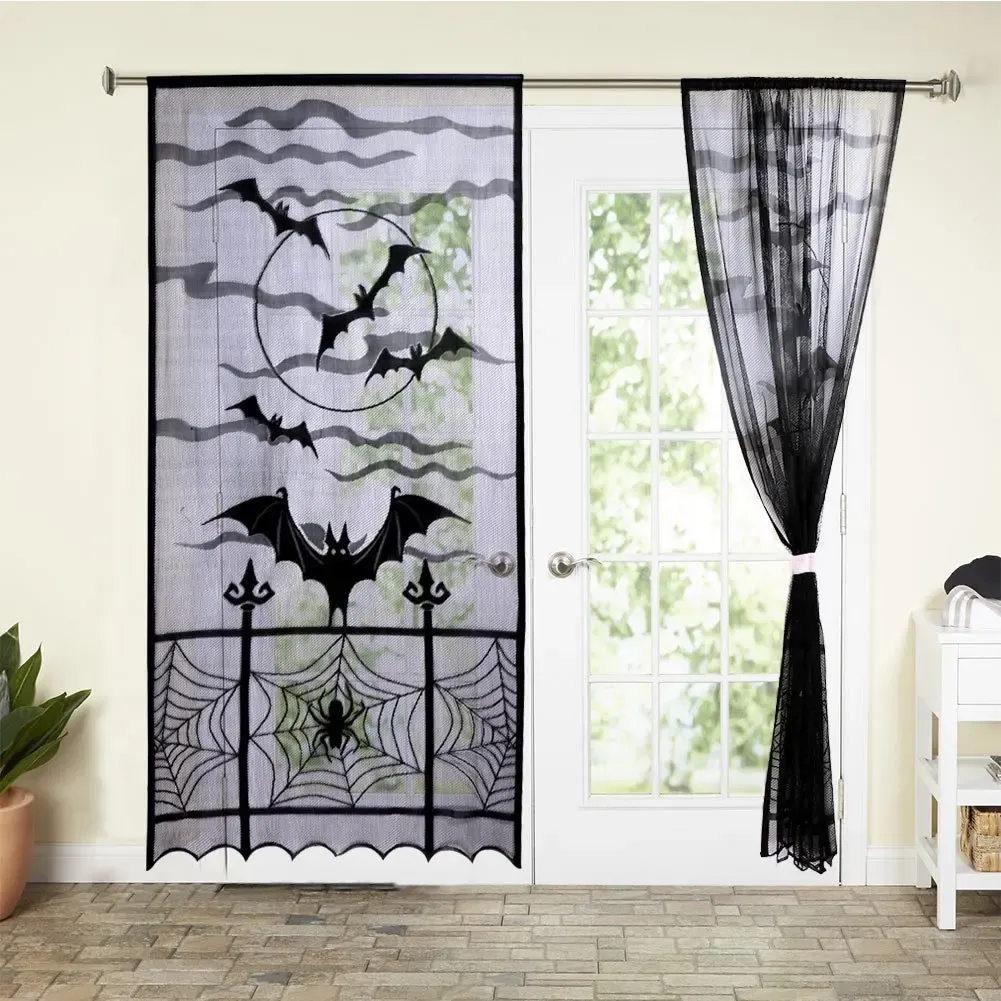Gardiner halloween svart fladdermus spindel gardiner för dörröppningsdekoration ren spets kortfestfönster draperier