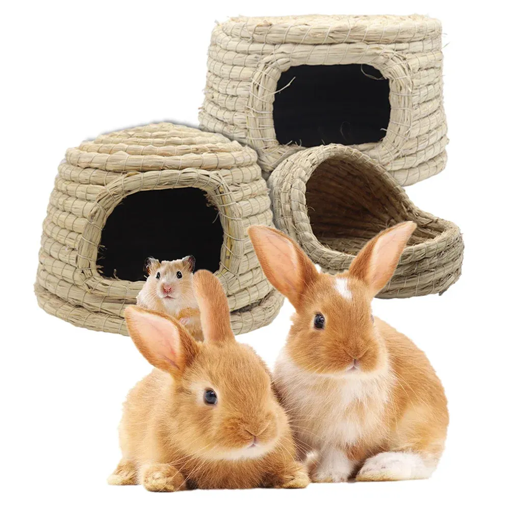 Cages Pet Rabbit Grass Bed Natural Straw Woven House Bunny Chew Toys Hay Nest Bed for Hamsters Chinchillas Mice Small Animals