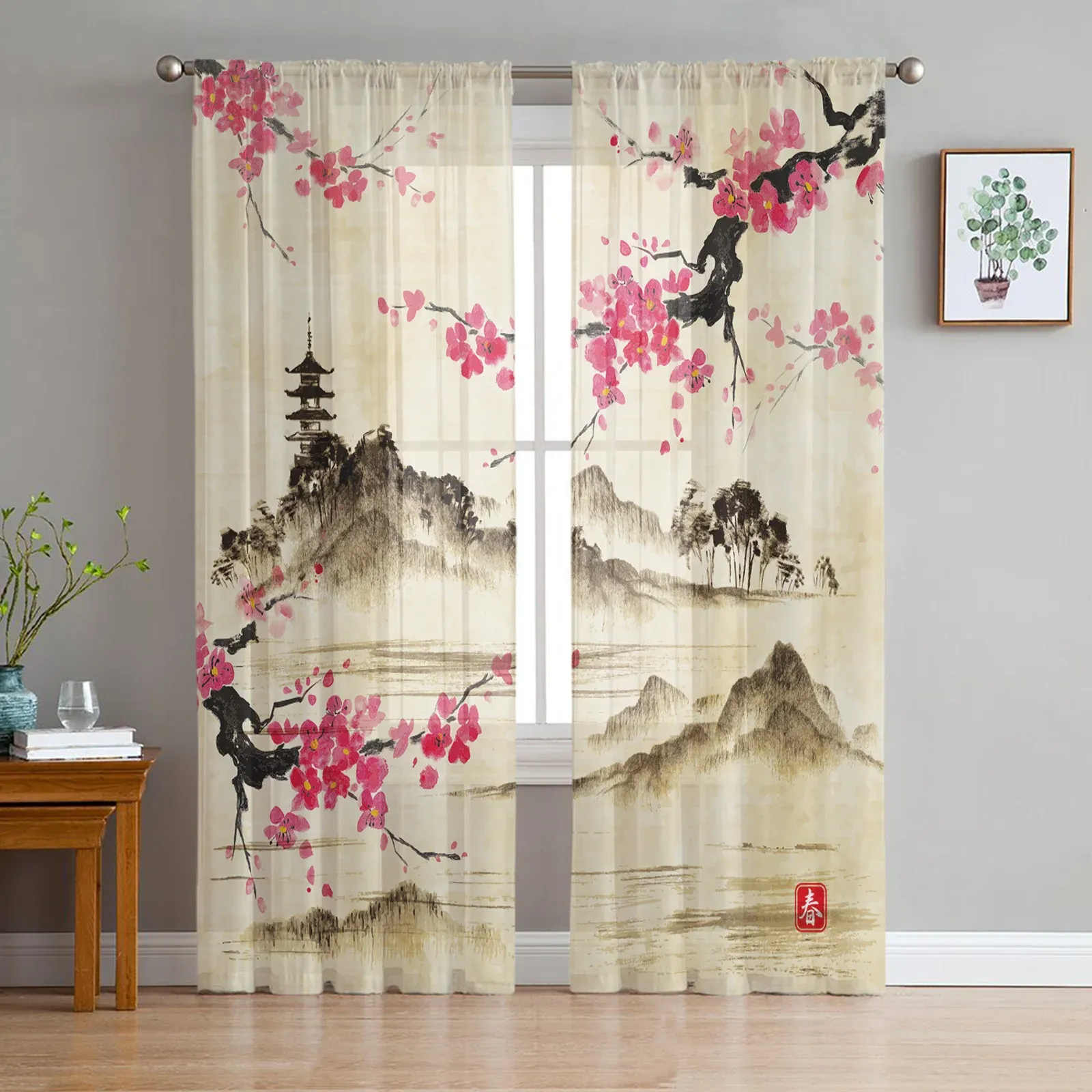 Cortinas estilo chinês pintura a tinta flores paisagem cortinas transparentes para sala de estar quarto moderno voile tule cortina de janela