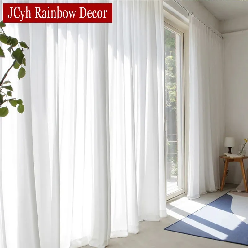 Yüksek kaliteli beyaz yarı ezilmiş şeffaf perdeler oturma odası pencere düz renk uzun tül yatak odası perde voile parti perdeleri 240301