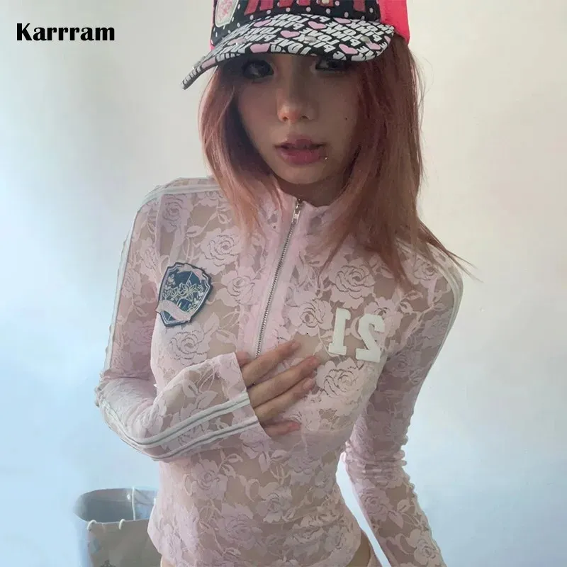 Karrram Japanesy Y2K Lace Tops Vintage Harajuku Long Sleeve Sheer Tops 2000s Pink See Seel Sele Thirt American Retro Mesh Tops 240313