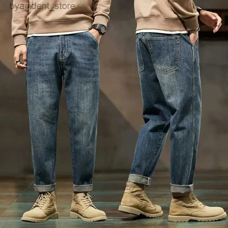 Mäns jeans kn jeans män löst fit blå baggy jeans mode våren och hösten breda ben byxor denim byxor herr kläd harem byxor l240313