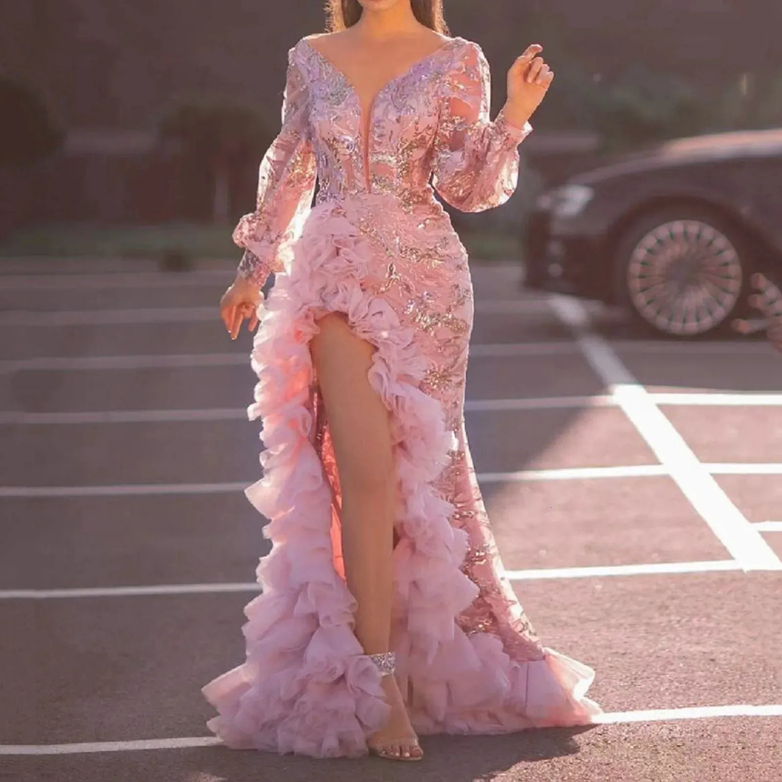 Robusto abito lungo con paillettes in rete rosa per donna sexy abito da sera di lusso in stile diviso lungo fino al pavimento elegante abito da ballo 240313