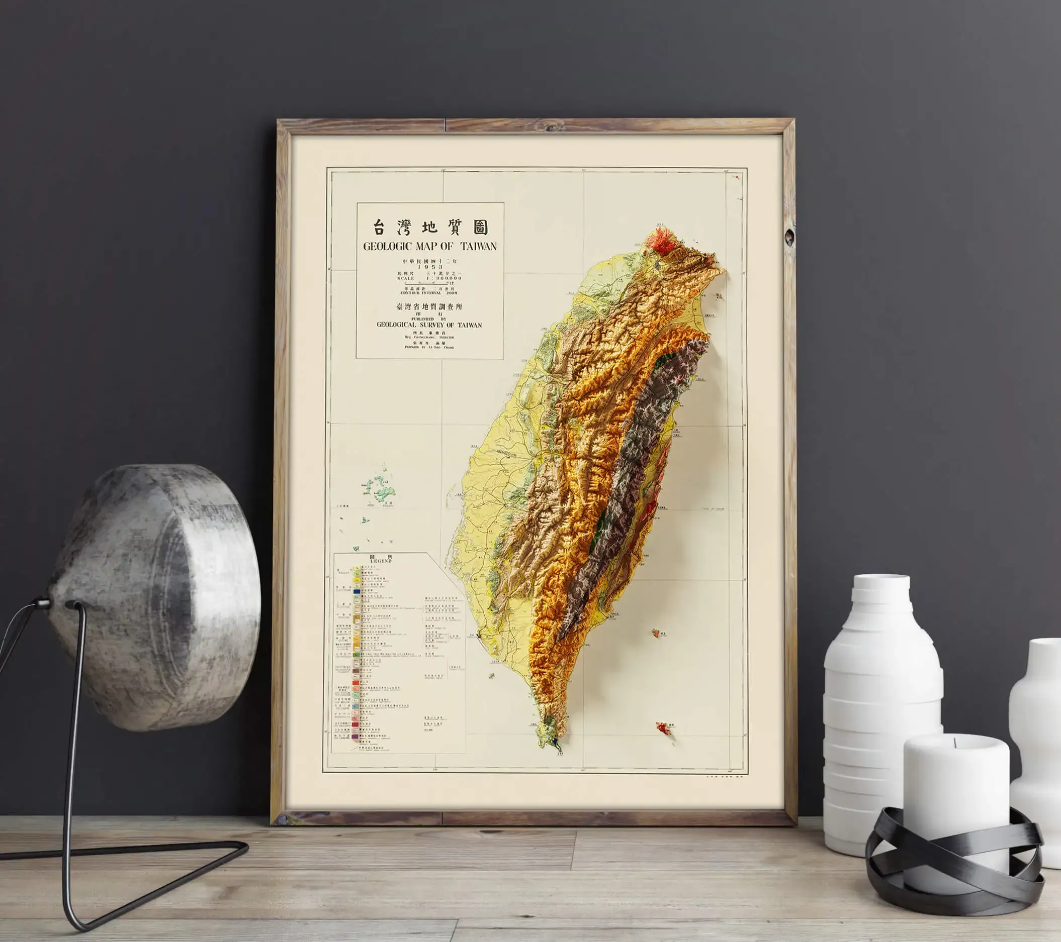 Kalligrafi taiwan topografisk karta 1956 Treedimensionell rendering retro retro konstkarta dekorativ målning hängande bild