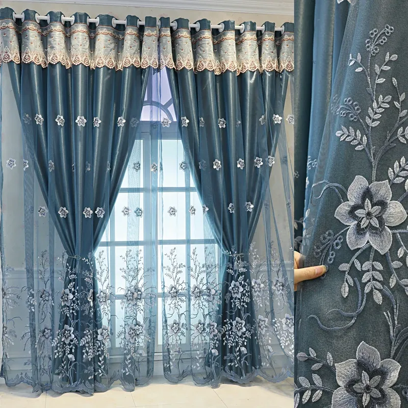 Curtains Nordic Luxury Curtains for Living Dining Room Bedroom Blackout Double Layer Villa Curtains Embroidered Curtains Tulle Integrated