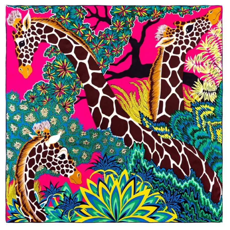 Manual Hand Rolled Twill Silk Scarf Women Three Giraffes Printing Square Scarves Foulards Femme Wrap Bandana Hijab Clothing Decora2794