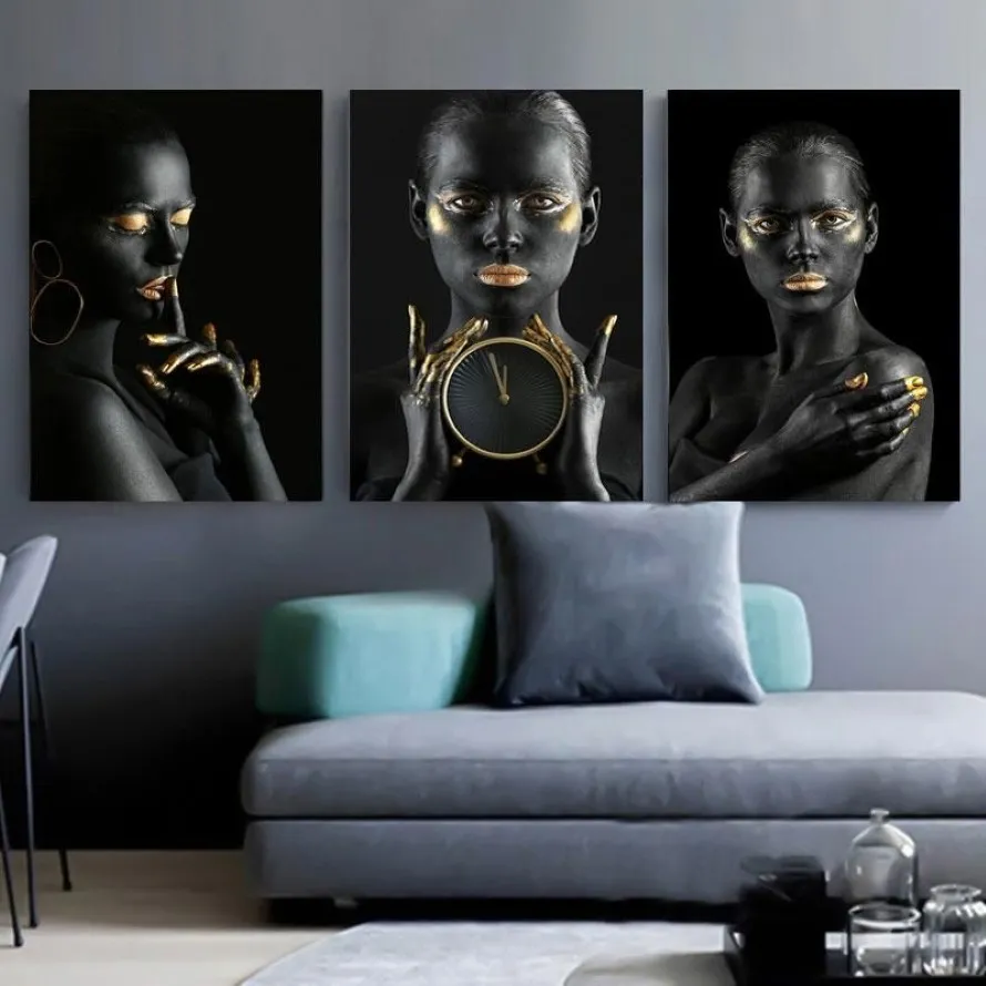 Svart guld naken afrikansk konstkvinna oljemålning på duk cuadros affischer och skriver skandinavisk väggbild för vardagsrum293j