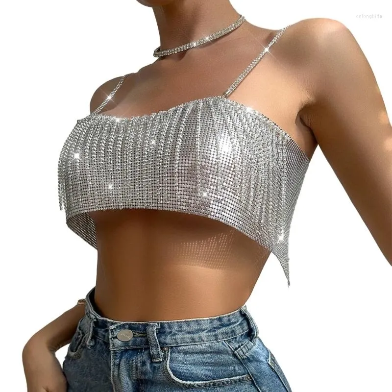 Tanques femininos sexy strass topo cristal borlas corrente colheita topos camisa para noite clube festa roupas presentes