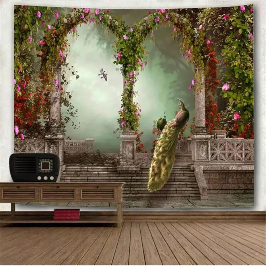 タペストリーズ美しい庭の孔雀のアーチ絵マンダラ壁タペストリーヴィンテージフォレストブランケットヨーロッパカーペットソファ29E