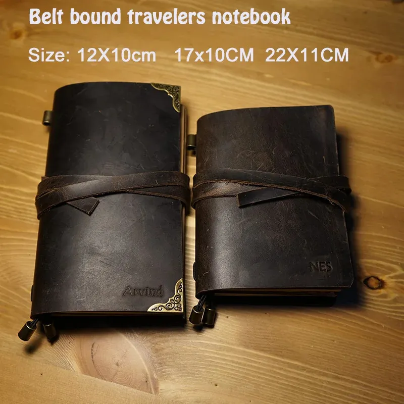 Hatimry genuine leather notebook travelers journal belt bound notepad handcrakt vintage notebook sprial refill school supplies 240311