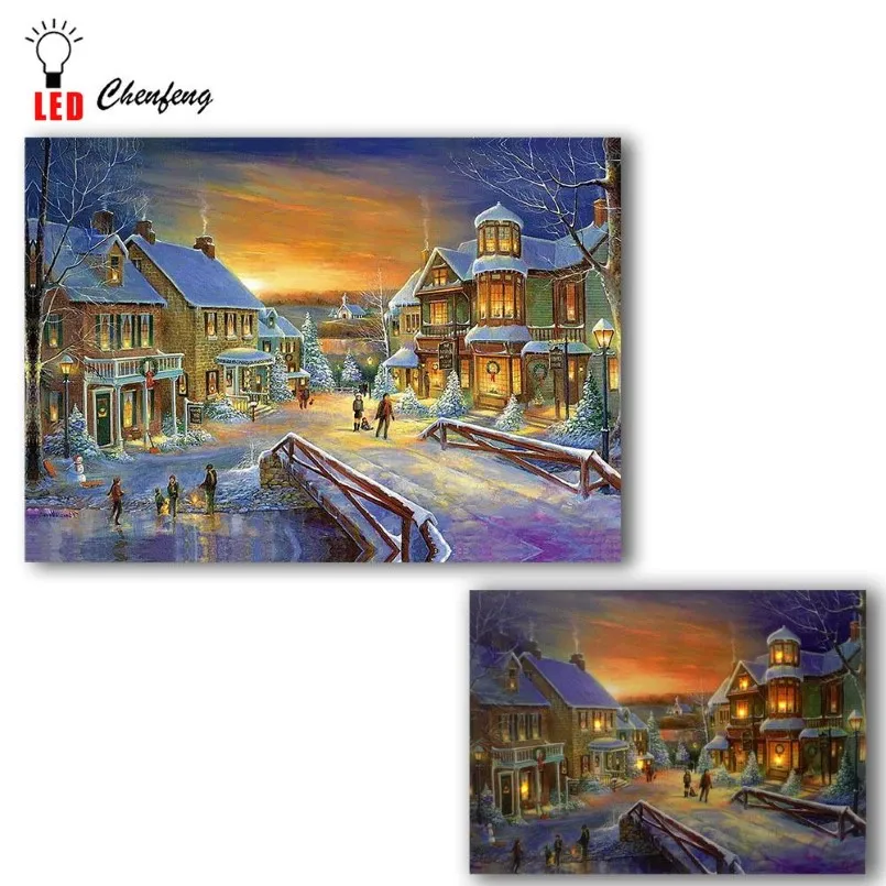 Led canvas art print Christmas city night in winter wall picture Illuminate canvas Painting light up posters print holiday gift T2248W