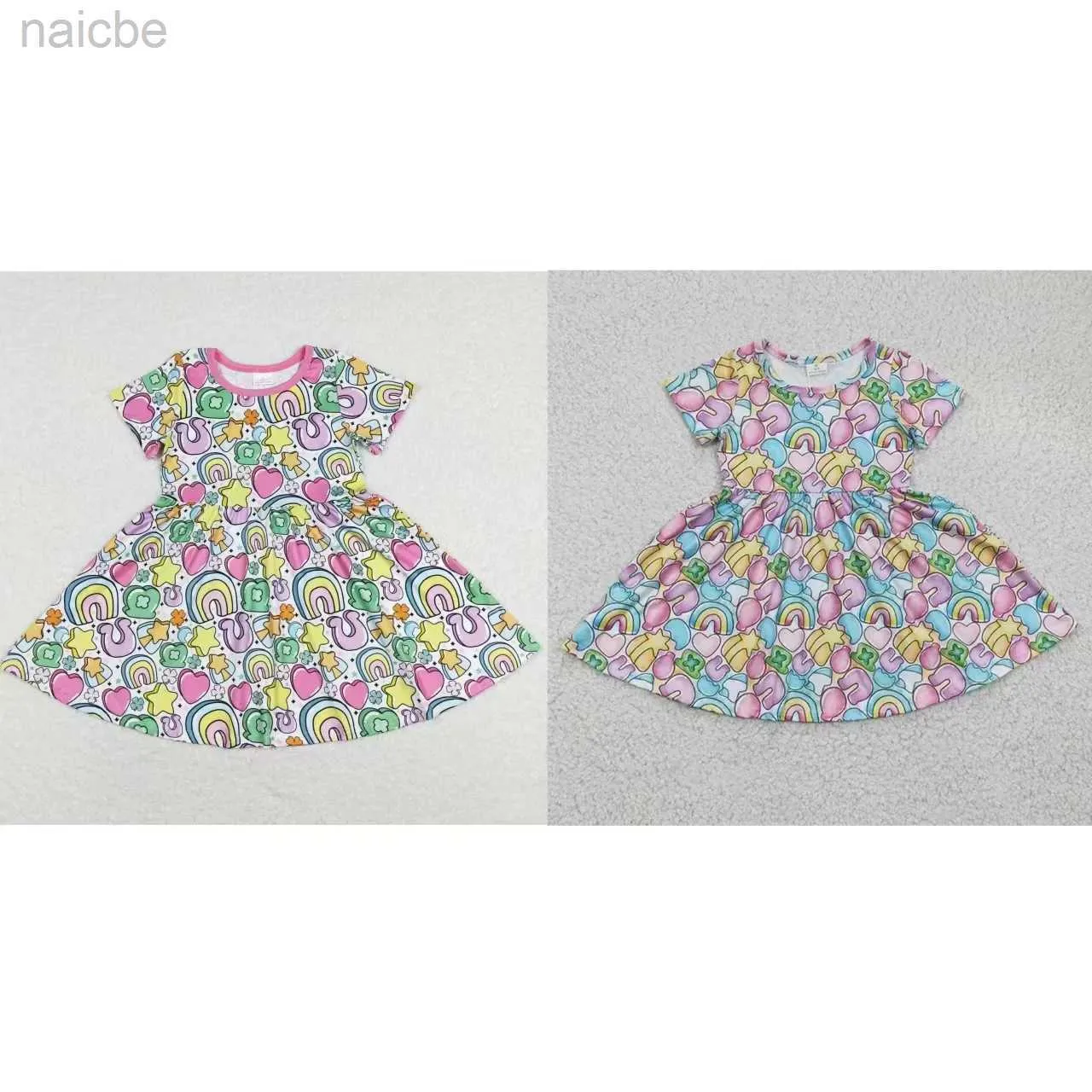 Robes de fille en gros bébé manches courtes coeurs arc-en-ciel robe enfant en bas âge pièce enfants Patricks Day vêtements ldd240313