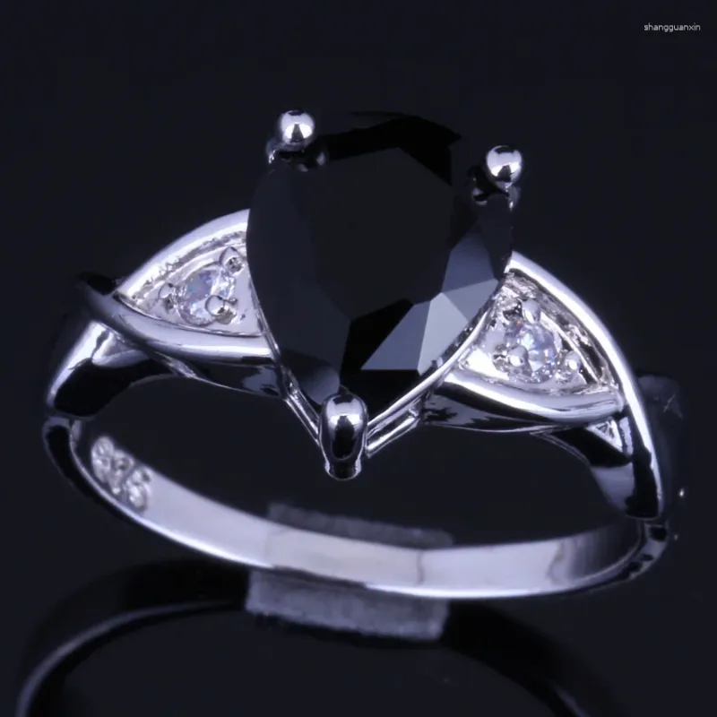 Bagues de cluster Fantaisie Poire Noir Zircone Cubique Blanc CZ Bague Plaquée Argent V0108