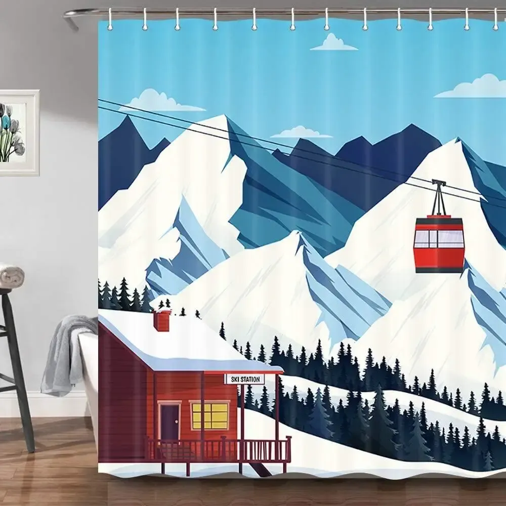 Tende Set di tende da doccia per sci invernale, stazione sciistica moderna Tende da bagno in montagna con neve, foresta di pini, decorazioni per il bagno blu natalizie