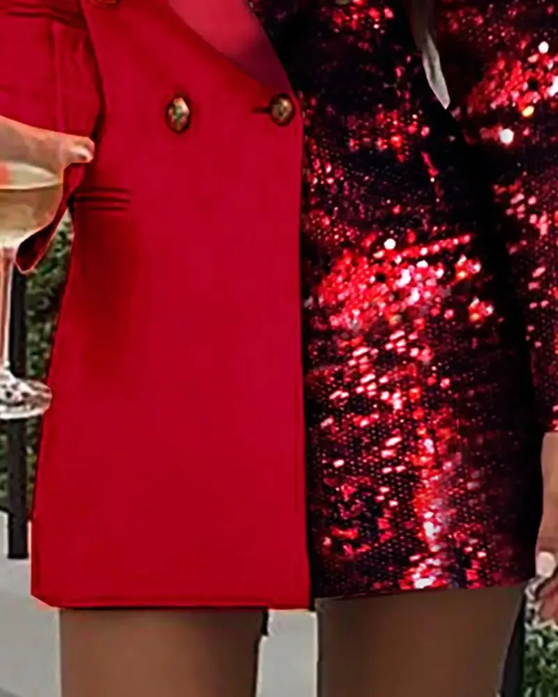 Women's Suits Blazer Office Dress Colorblock Patchwork Long Sleeve V Neck Sequins Double Breasted 230325