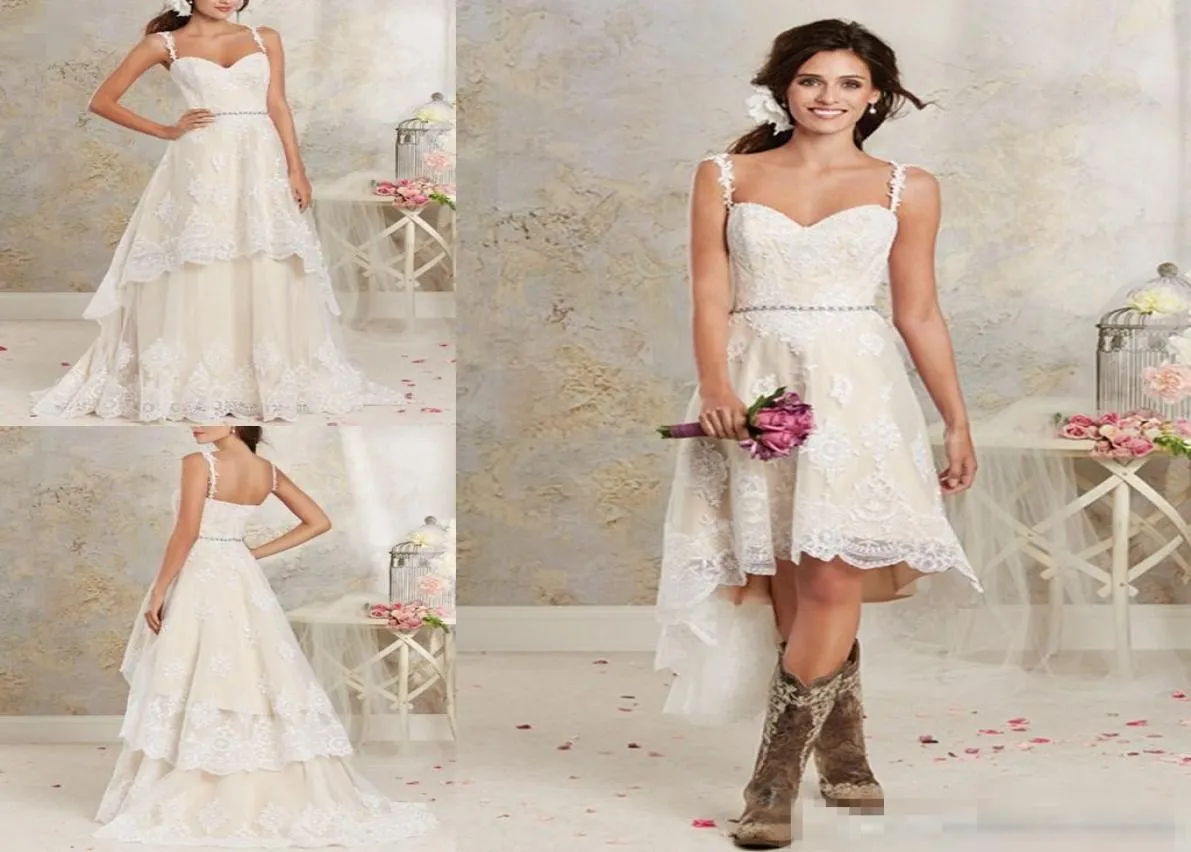 Robes de mariée courtes deux pièces en dentelle spaghetti une ligne de robes de mariée avec jupe détachable courte HiLo Country Bohemian Wedding Gow5525842