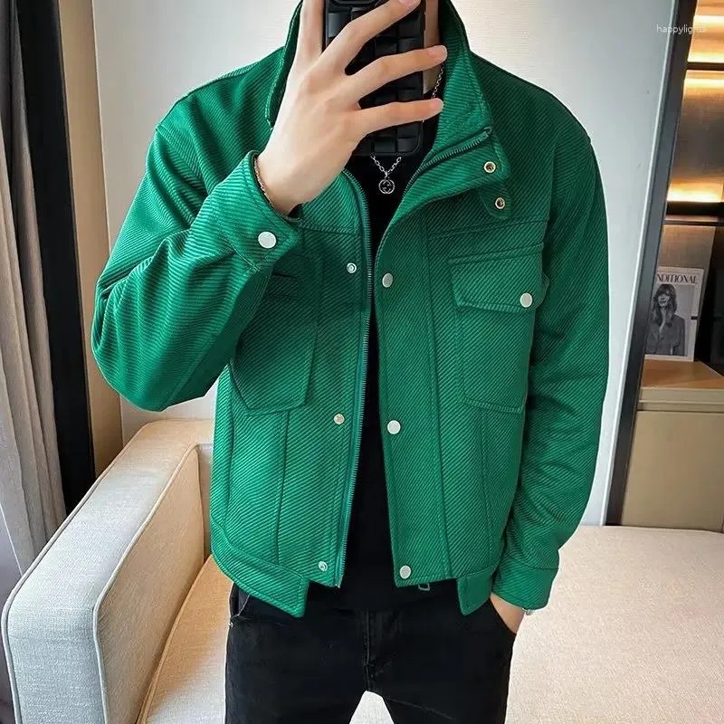 Jaquetas masculinas vintage clássico verde lã jaqueta outono e inverno moda gola zíper grosso terno quente estilo coreano homens wear