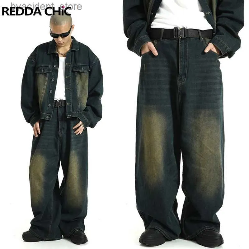 Men's Jeans REDDACHiC Big Size Green Wash Skater Men Baggy Jeans Adjust-waist 90s Vintage Y2k Wide Pants Hip Hop Trousers Casual Work Wear L240313