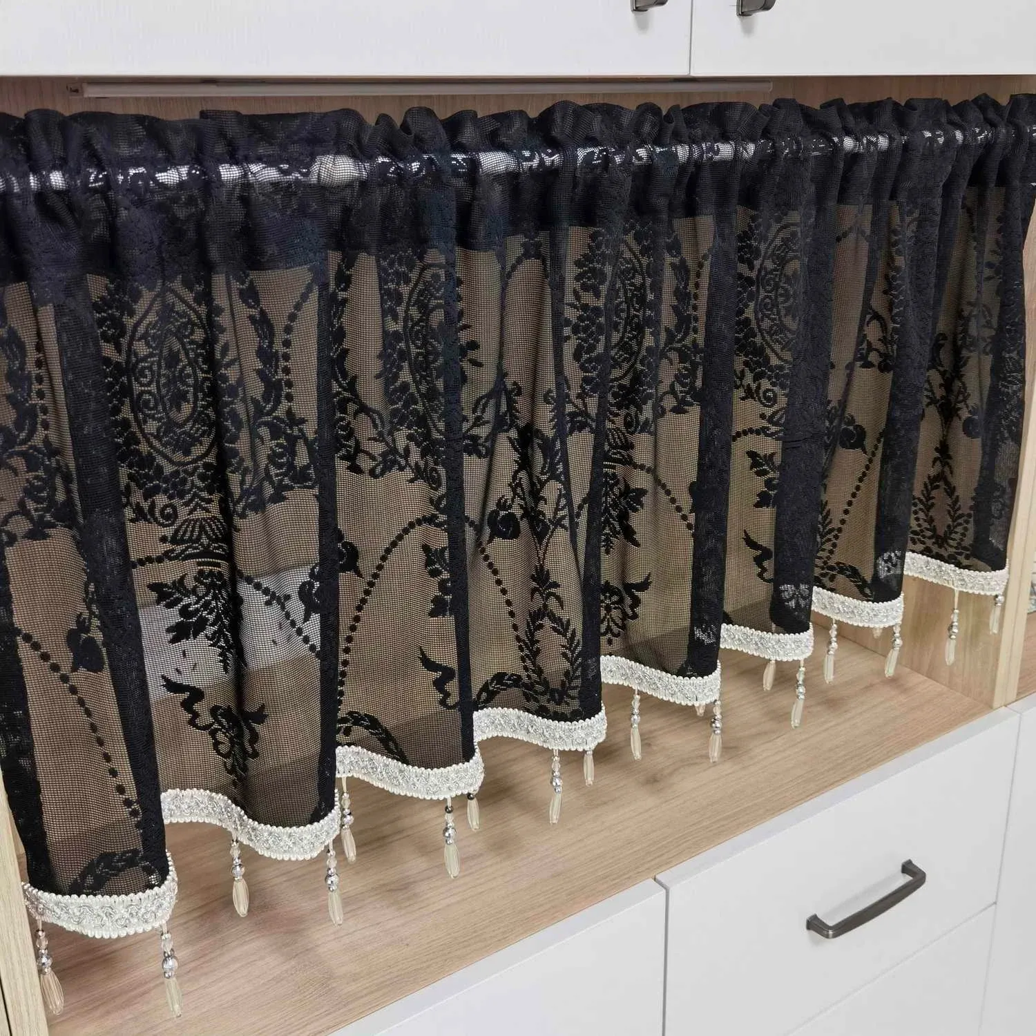 Шторы черные кружевные короткие занавески для кабинета кухни прозрачная вуаль драпировка с кисточками бусины перегородка пылезащитные шторы # E