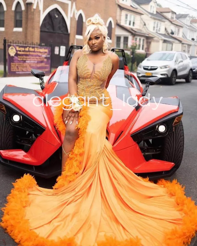 Gold Orange Spandex Long Evening Formal Dresses For Women Sparkly Luxury Diamond Feather Prom Birthday Dress Robe de Bal Rose