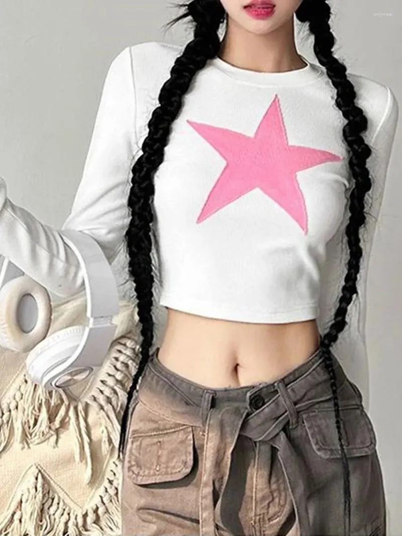 Женские футболки Женские укороченные топы Y2K со звездами и вышивкой в стиле пэчворк с длинным рукавом Базовая рубашка Винтажные повседневные пуловеры Блузка для клубной уличной одежды