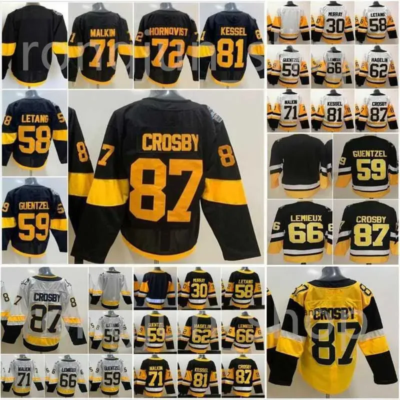 Custom Мужские женские молодежные хоккейные майки Pittsburgh''Penguins''87 Сидни Кросби 71 Евгений Малкин 59 Джейк Гюнцель 58 Крис Летанг 66 Лемье Альтернативный черный пингвин S