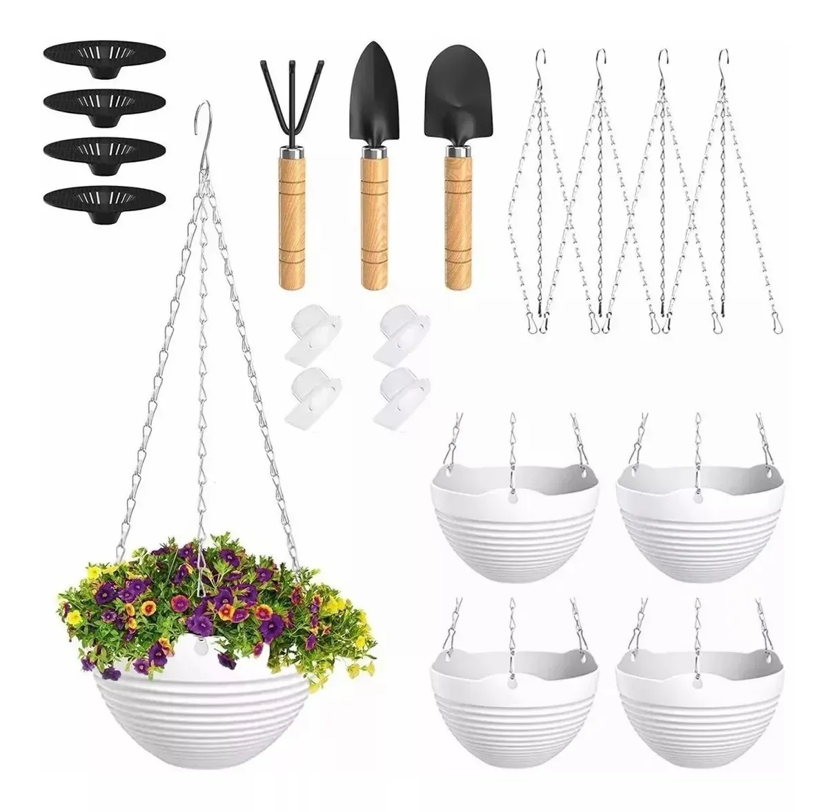 Paquet de 4 pots de fleurs de jardin suspendus de 20 cm, panier de jardinière suspendu pour plantes d'intérieur et d'extérieur avec trous de drainage blanc 240309