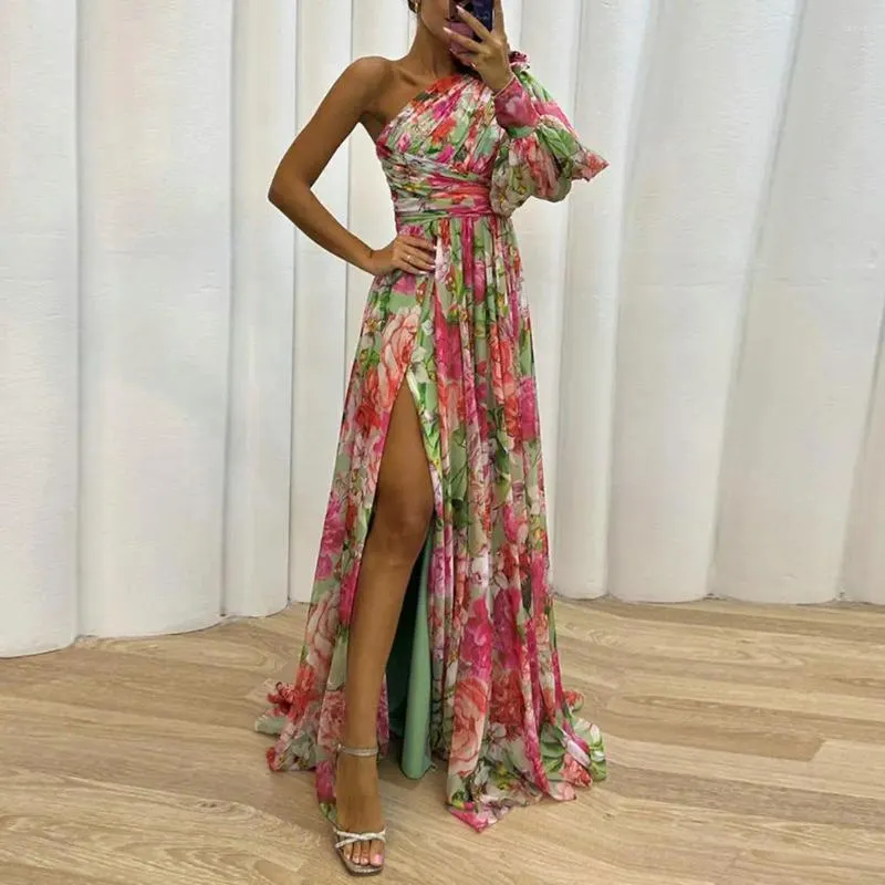 Casual Dresses Women's Evening Dress One Shoulder Backless Color Printed Single Long Sleeve Side Slit Hem Prom Party Banket