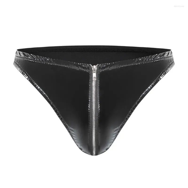 Sous-vêtements Slim Fit Slips Hommes Sexy Zipper Entrejambe Miroir Surface Solide Couleur Latex Gay Sous-Vêtements G-string